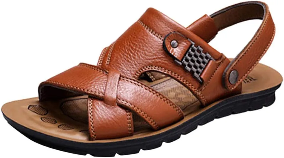 Leather Sandals for Men Breathable Orthopedic Sandals with Arch Support Non-Slip Adjustable Buckle Sports Slides Wide