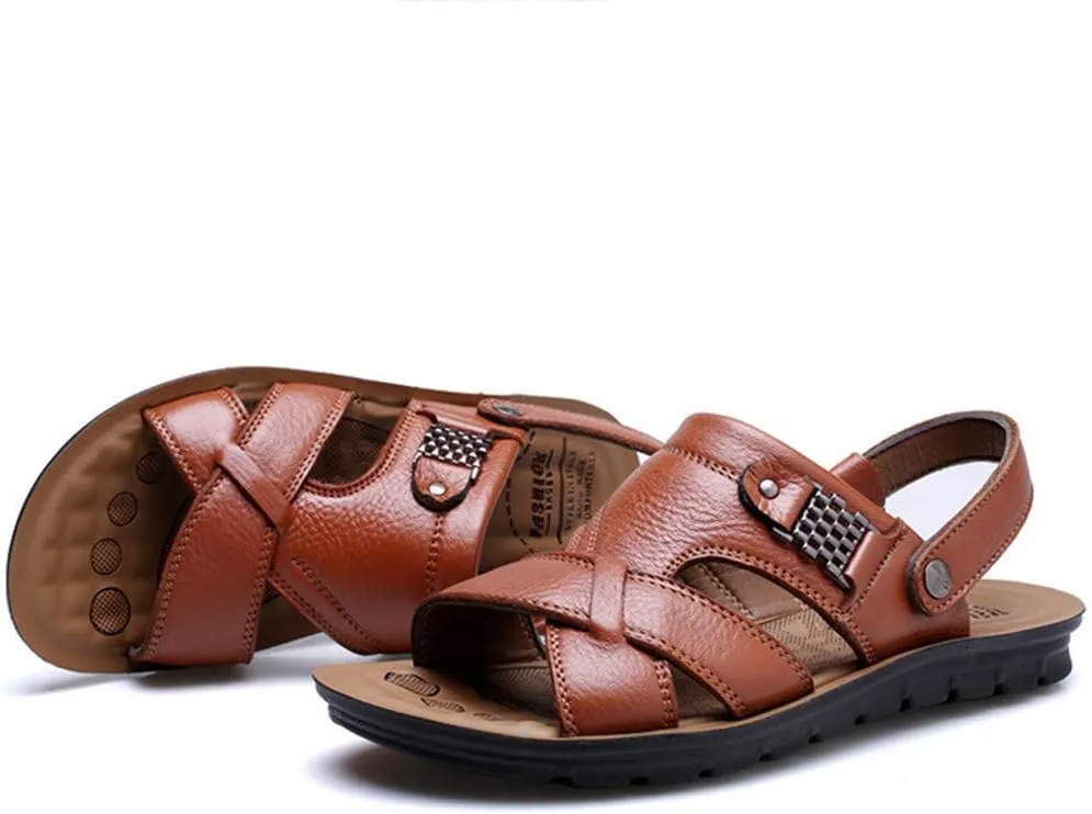 Leather Sandals for Men Breathable Orthopedic Sandals with Arch Support Non-Slip Adjustable Buckle Sports Slides Wide