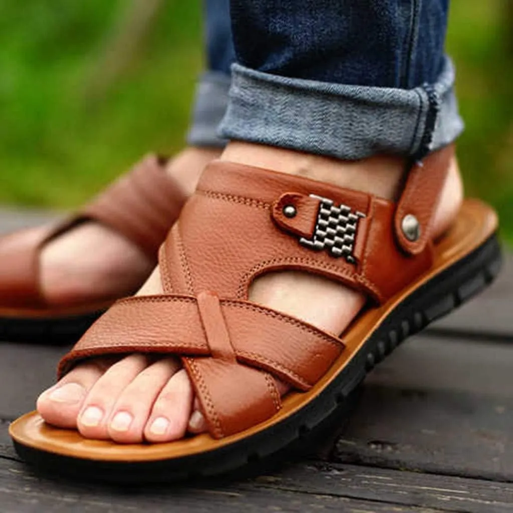 Leather Sandals for Men Breathable Orthopedic Sandals with Arch Support Non-Slip Adjustable Buckle Sports Slides Wide
