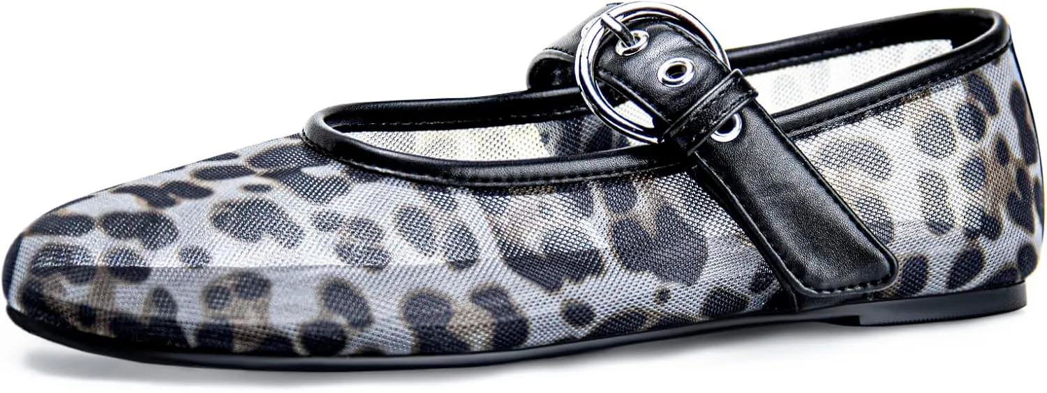 Leopard Mesh Ballet Flats for Women Round Toe Buckle Flats Slip on Mesh Mary Jane Flats Comfortable Ballerina Shoes Casual Office Shoes