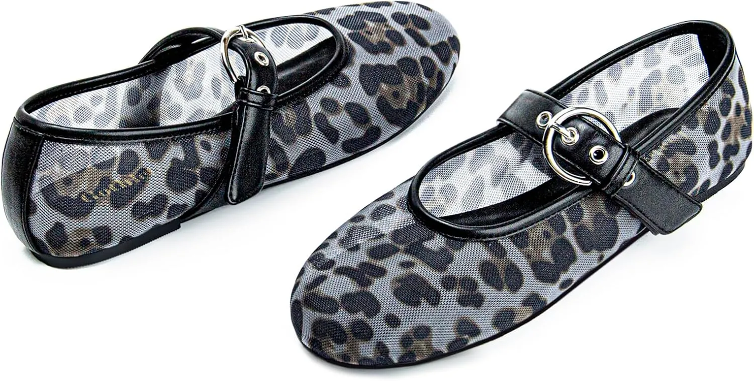 Leopard Mesh Ballet Flats for Women Round Toe Buckle Flats Slip on Mesh Mary Jane Flats Comfortable Ballerina Shoes Casual Office Shoes