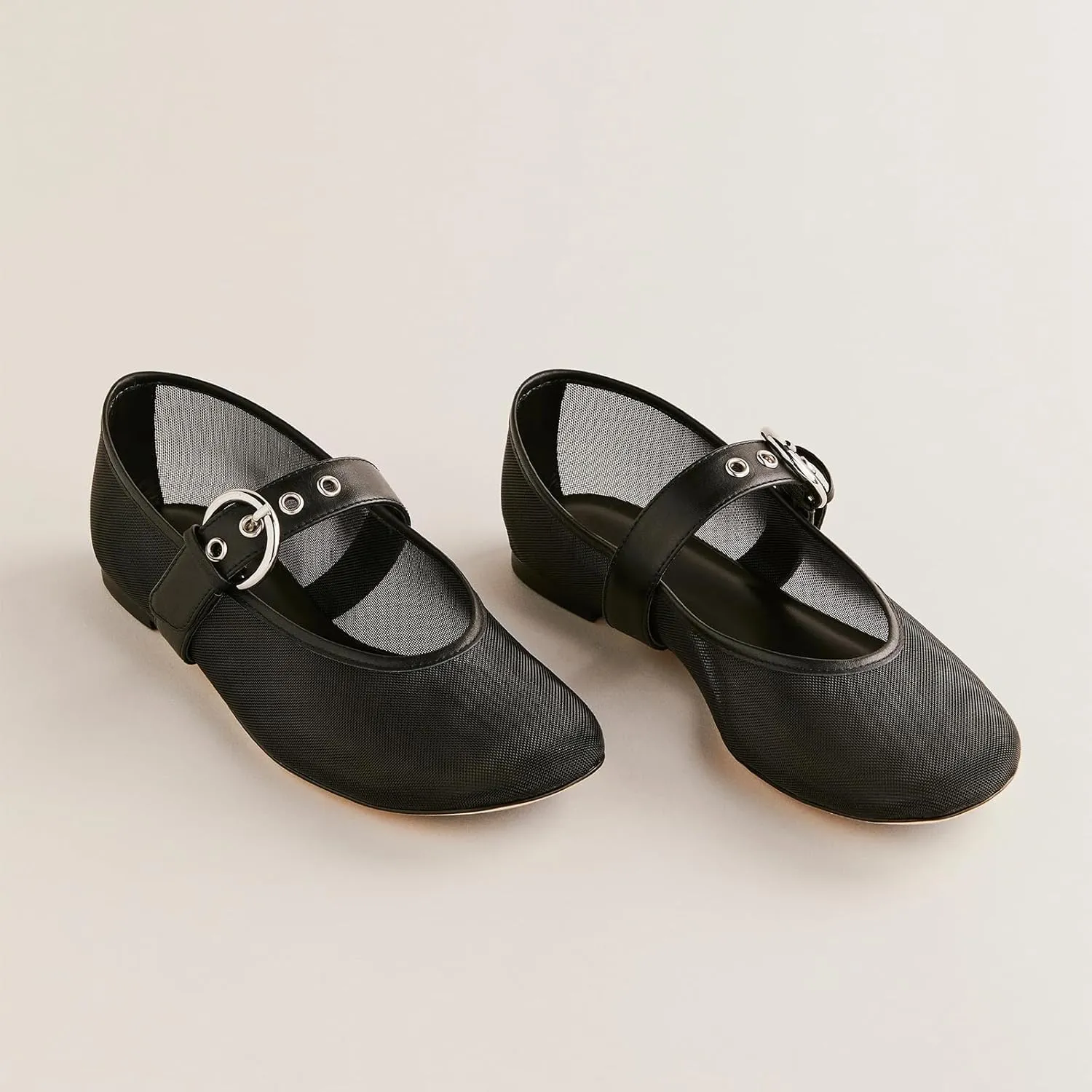 Leopard Mesh Ballet Flats for Women Round Toe Buckle Flats Slip on Mesh Mary Jane Flats Comfortable Ballerina Shoes Casual Office Shoes