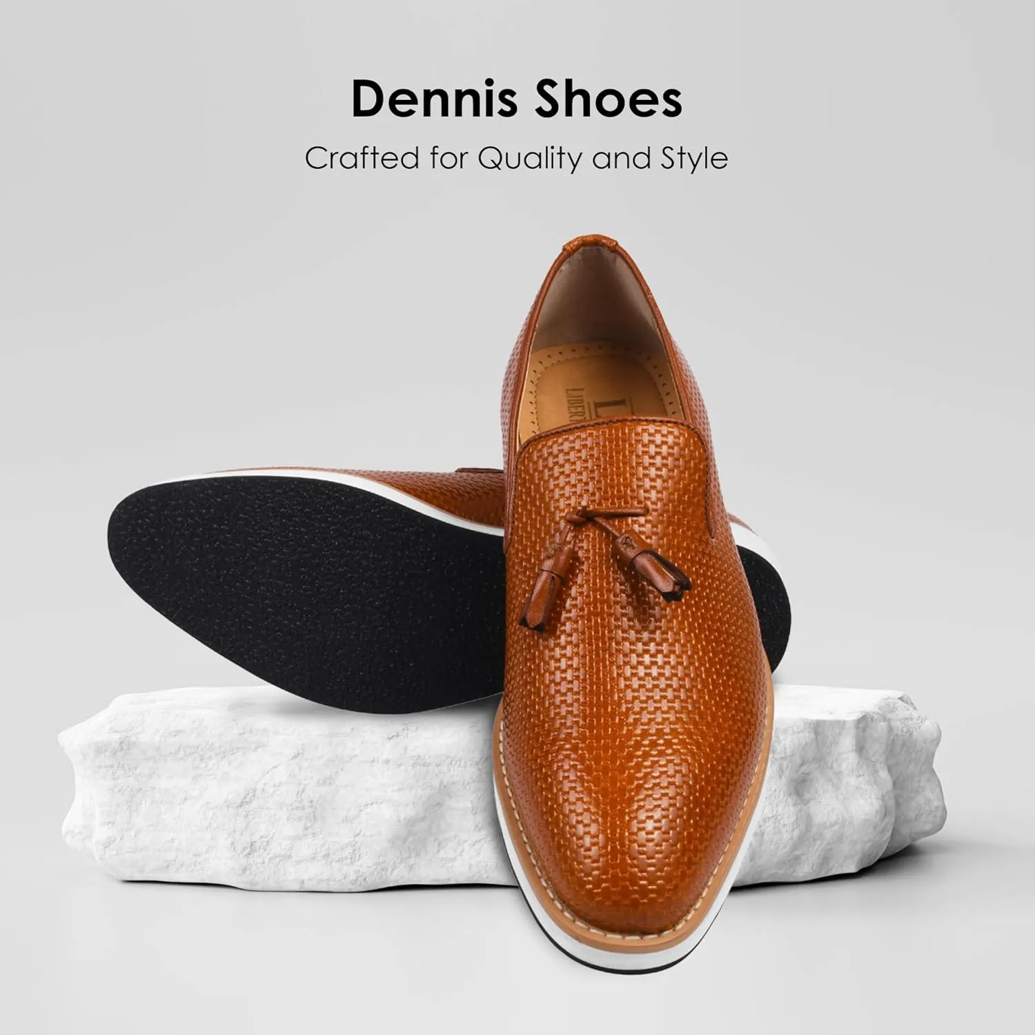 LIBERTYZENO Mens Tassel Knitted Print Manmade Leather Adults Noble Penny Loafers Slip On Shoes for Prom Graduation