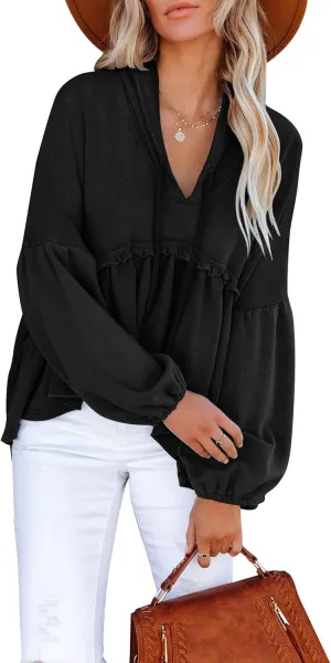 Limerose Womens Tunic Top Casual Long Sleeves Peplum Babydoll Ruffle Knit Hoodies Pullover