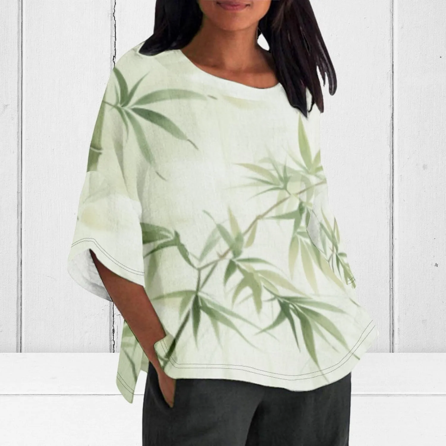 Linen Shirt for Women Crew Neck 3/4 Sleeve Tunic Blouses Casual Loose Fall T-Shirt Tops for Ladies Summer S-5XL