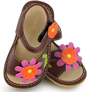 Little Mae's Boutique Mary Jane Two Flower and Gleeful Squeaky Sandals for Toddler Girls, Walking Sandals with Removable Squeaker & Adjustable Strap - Soft Sole Sandals for Little Girls