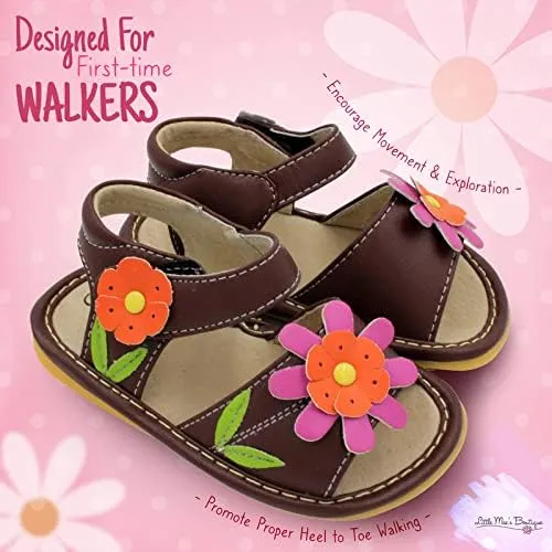 Little Mae's Boutique Mary Jane Two Flower and Gleeful Squeaky Sandals for Toddler Girls, Walking Sandals with Removable Squeaker & Adjustable Strap - Soft Sole Sandals for Little Girls