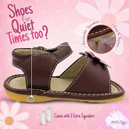 Little Mae's Boutique Mary Jane Two Flower and Gleeful Squeaky Sandals for Toddler Girls, Walking Sandals with Removable Squeaker & Adjustable Strap - Soft Sole Sandals for Little Girls