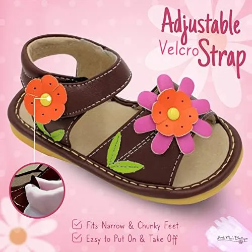 Little Mae's Boutique Mary Jane Two Flower and Gleeful Squeaky Sandals for Toddler Girls, Walking Sandals with Removable Squeaker & Adjustable Strap - Soft Sole Sandals for Little Girls