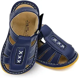 Little Mae's Boutique Navy Blue Criss-Cross Closed Toe Squeaky sandals for Toddler Boys, Ideal Walking sandals with Removable Squeaker & Adjustable Strap - Soft Sole sandals for Little Boys (4)