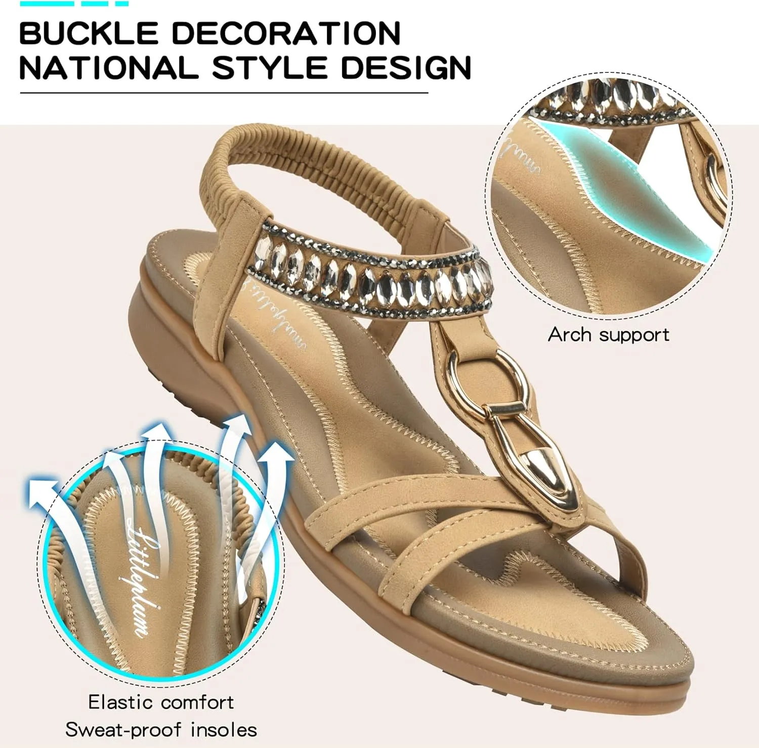 Littleplum Womens Sandals Comfort Arch Support Sandals Summer Walking Shoes Casual Ankle Elastic Flip Flops Sandals