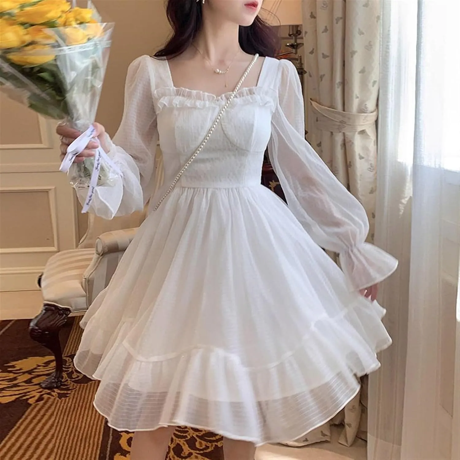 Lolita Dress White Kawaii Dress Women Chiffon Lolita Long Sleeve Mini Dresses Bow Fairy Robe Ruffles