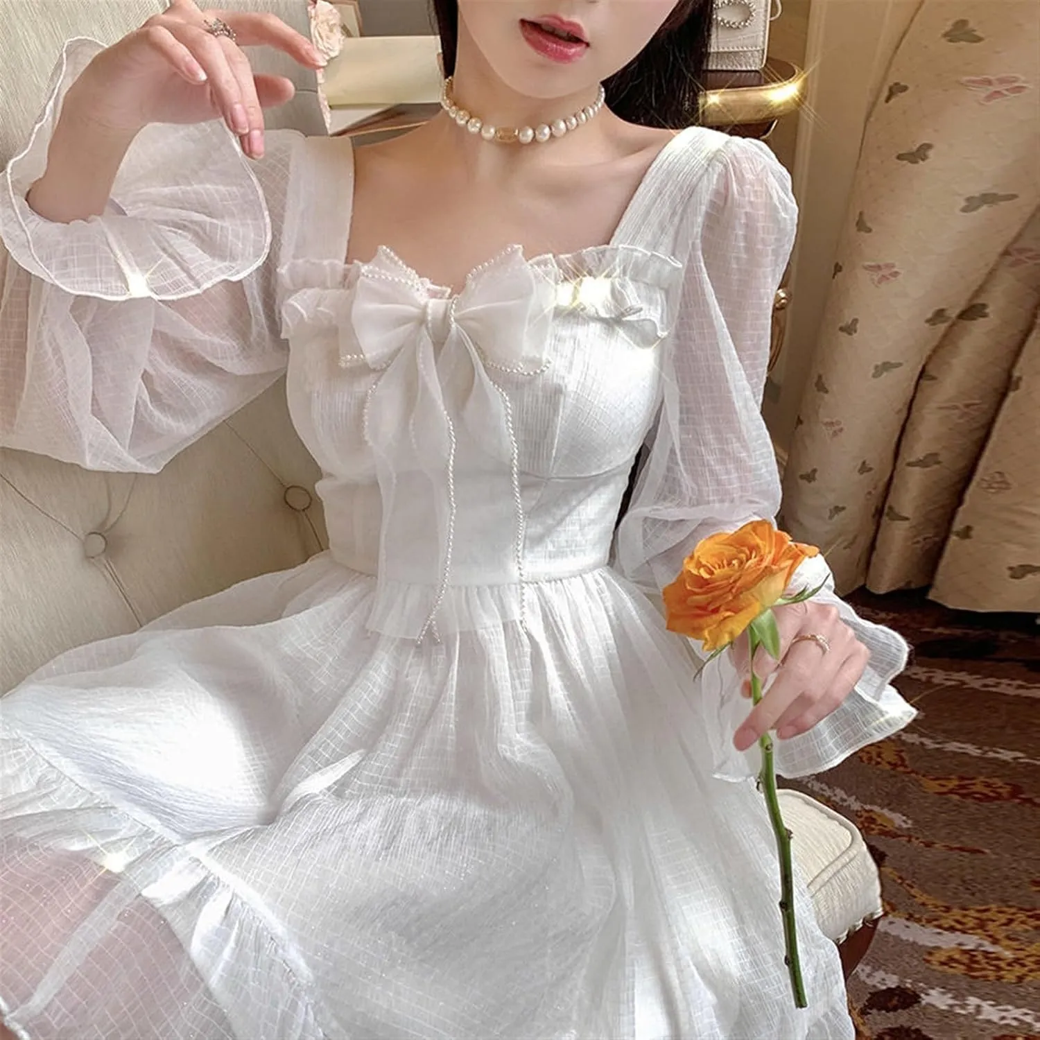 Lolita Dress White Kawaii Dress Women Chiffon Lolita Long Sleeve Mini Dresses Bow Fairy Robe Ruffles