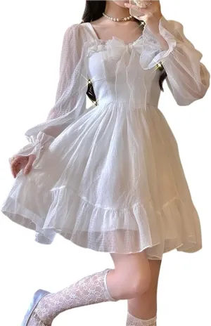Lolita Dress White Kawaii Dress Women Chiffon Lolita Long Sleeve Mini Dresses Bow Fairy Robe Ruffles