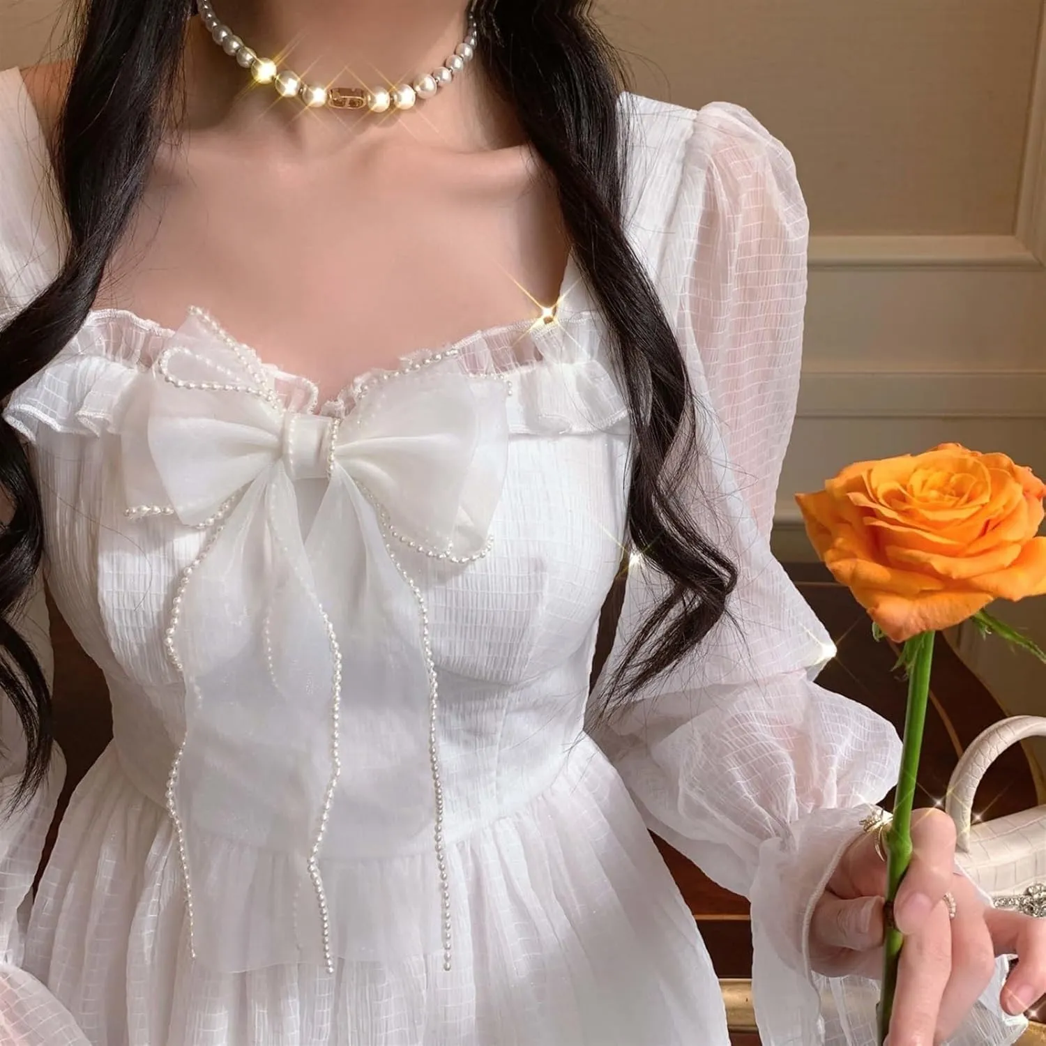 Lolita Dress White Kawaii Dress Women Chiffon Lolita Long Sleeve Mini Dresses Bow Fairy Robe Ruffles