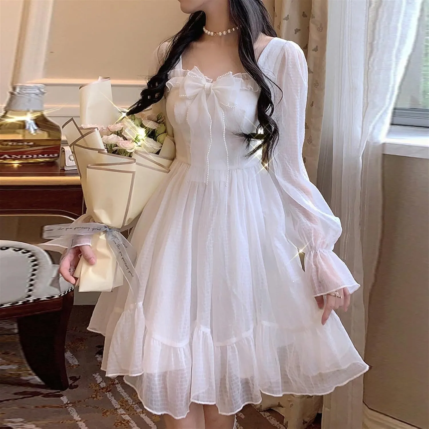 Lolita Dress White Kawaii Dress Women Chiffon Lolita Long Sleeve Mini Dresses Bow Fairy Robe Ruffles