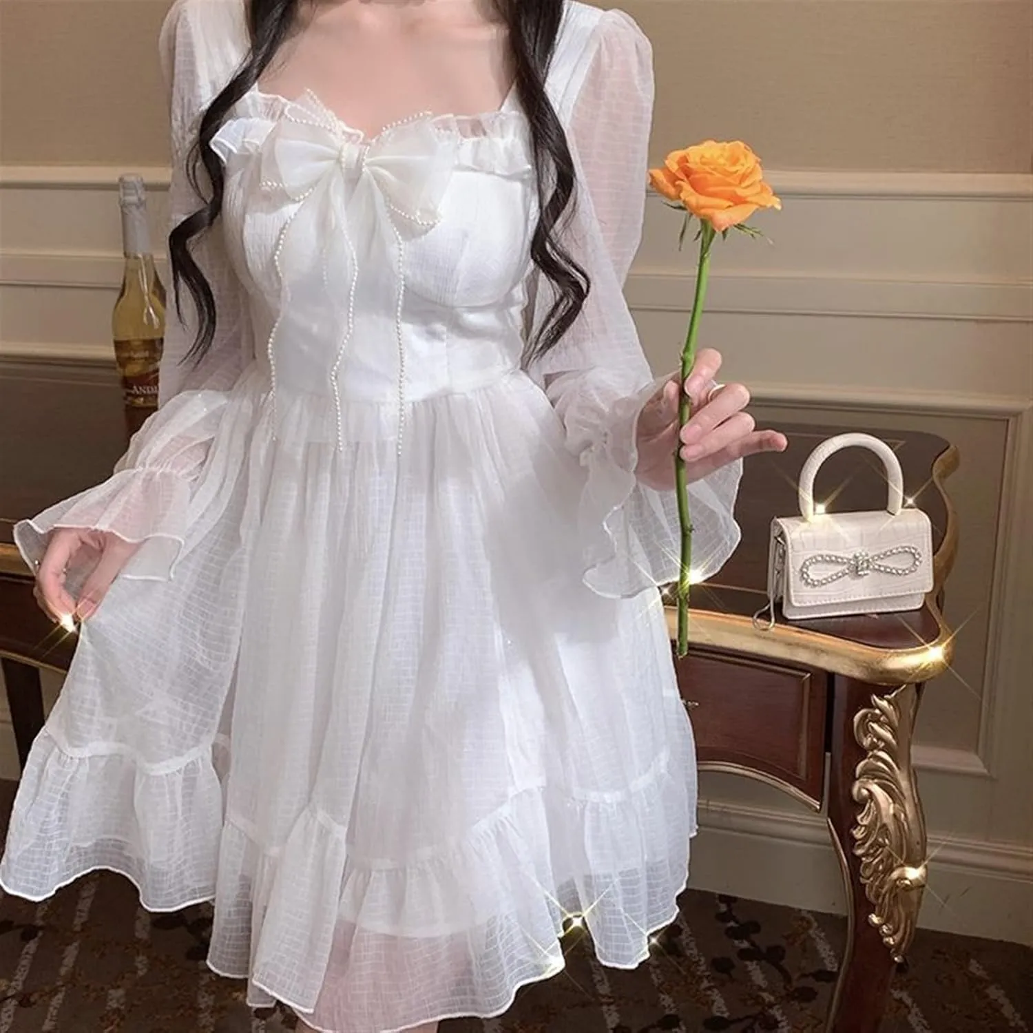 Lolita Dress White Kawaii Dress Women Chiffon Lolita Long Sleeve Mini Dresses Bow Fairy Robe Ruffles