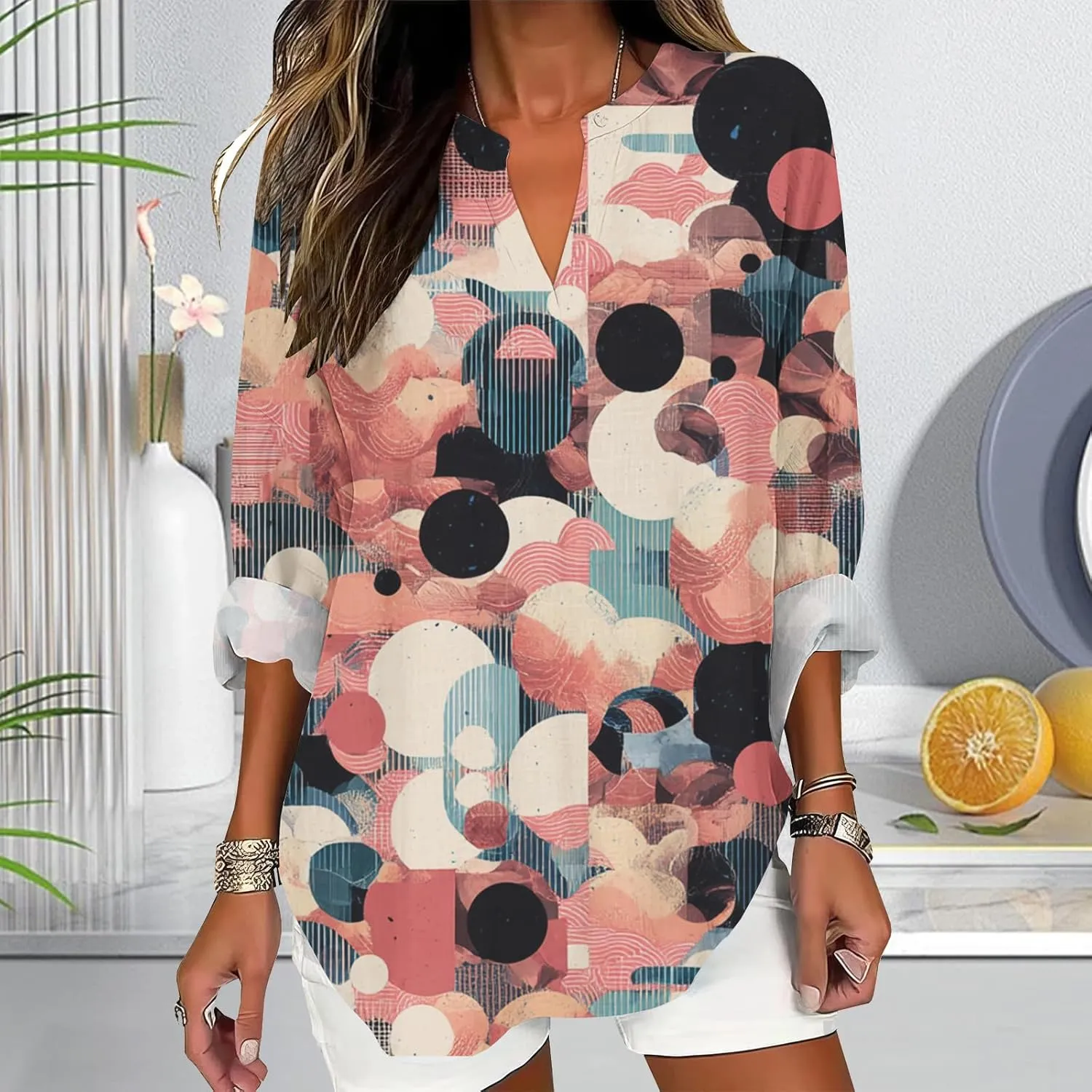 Long Sleeve Tunic Shirt for Women Vintage Graphic V Neck T Shirts Geometric Print Causal Loose Fit Ladies Summer Tops