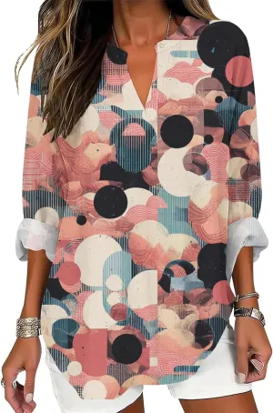 Long Sleeve Tunic Shirt for Women Vintage Graphic V Neck T Shirts Geometric Print Causal Loose Fit Ladies Summer Tops