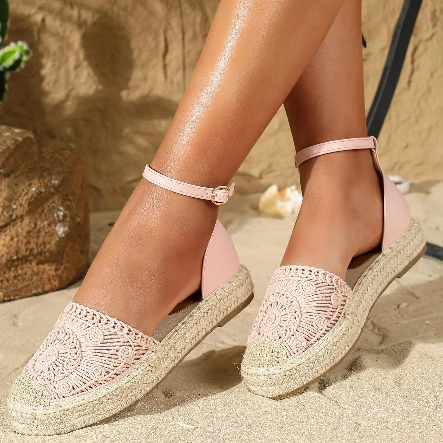 Lossarye Women's Platform Closed Toe Espadrille Sandals Adjustable Ankle Strap Comfortable Round Toe Breathable Flat Sandals for Summer Vocation Beach Dressy Shoes
