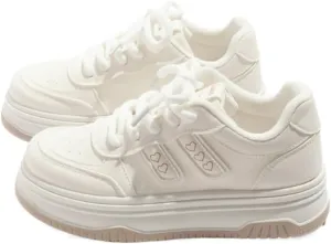 Love Retro Chunky Sneakers - Kawaii Leather Casual Shoes for Women & Girls, Comfy Thick Sole White Low-Top Trainers for Campus Strolls, Daily Wear, Y2K Minimalist Streetwear, Back to School