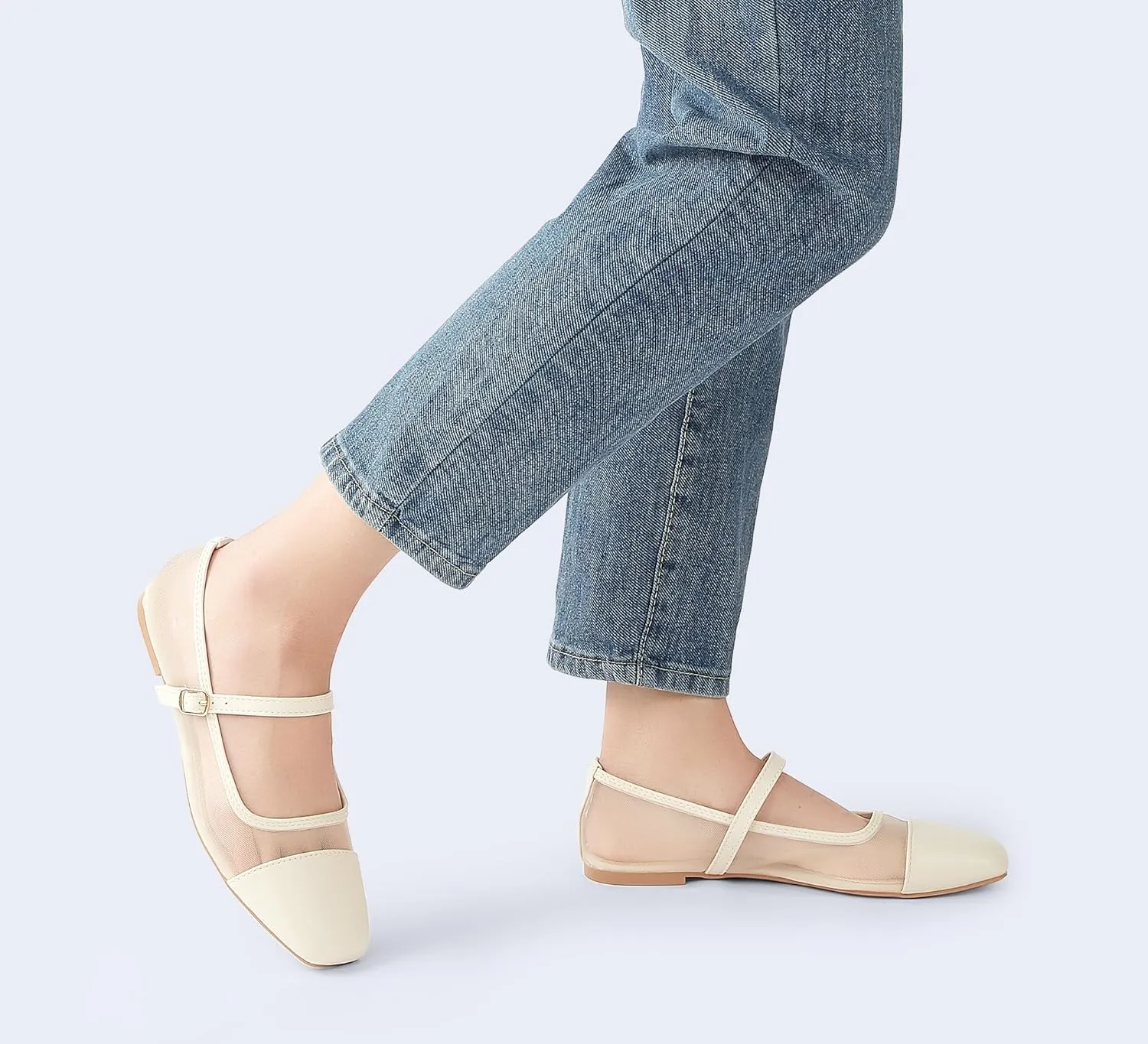 LUCKY STEP Women's Mesh Buckle Flats Mary Jane Square Toe Ballet Dress Adjustable Strap Block Heel Casual Daily Formal Wedding Shoes