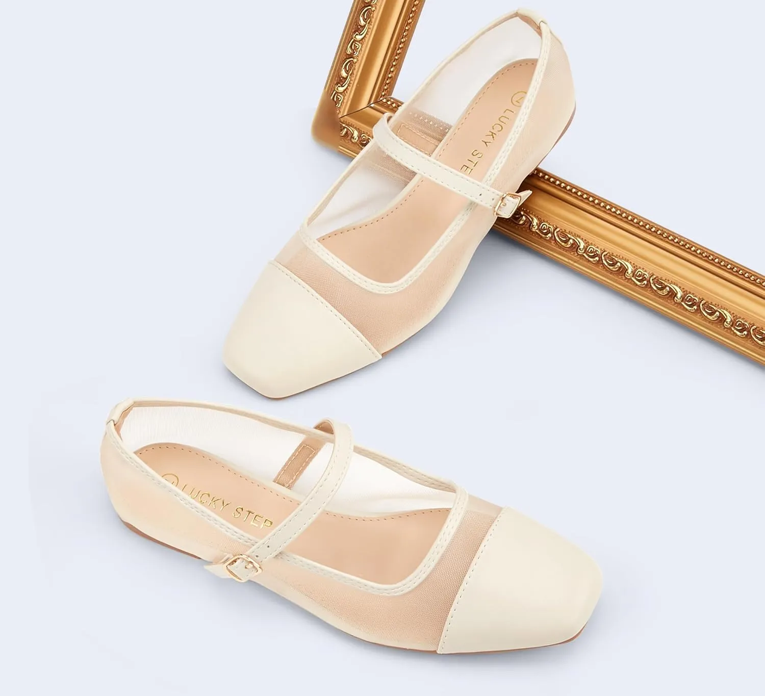 LUCKY STEP Women's Mesh Buckle Flats Mary Jane Square Toe Ballet Dress Adjustable Strap Block Heel Casual Daily Formal Wedding Shoes