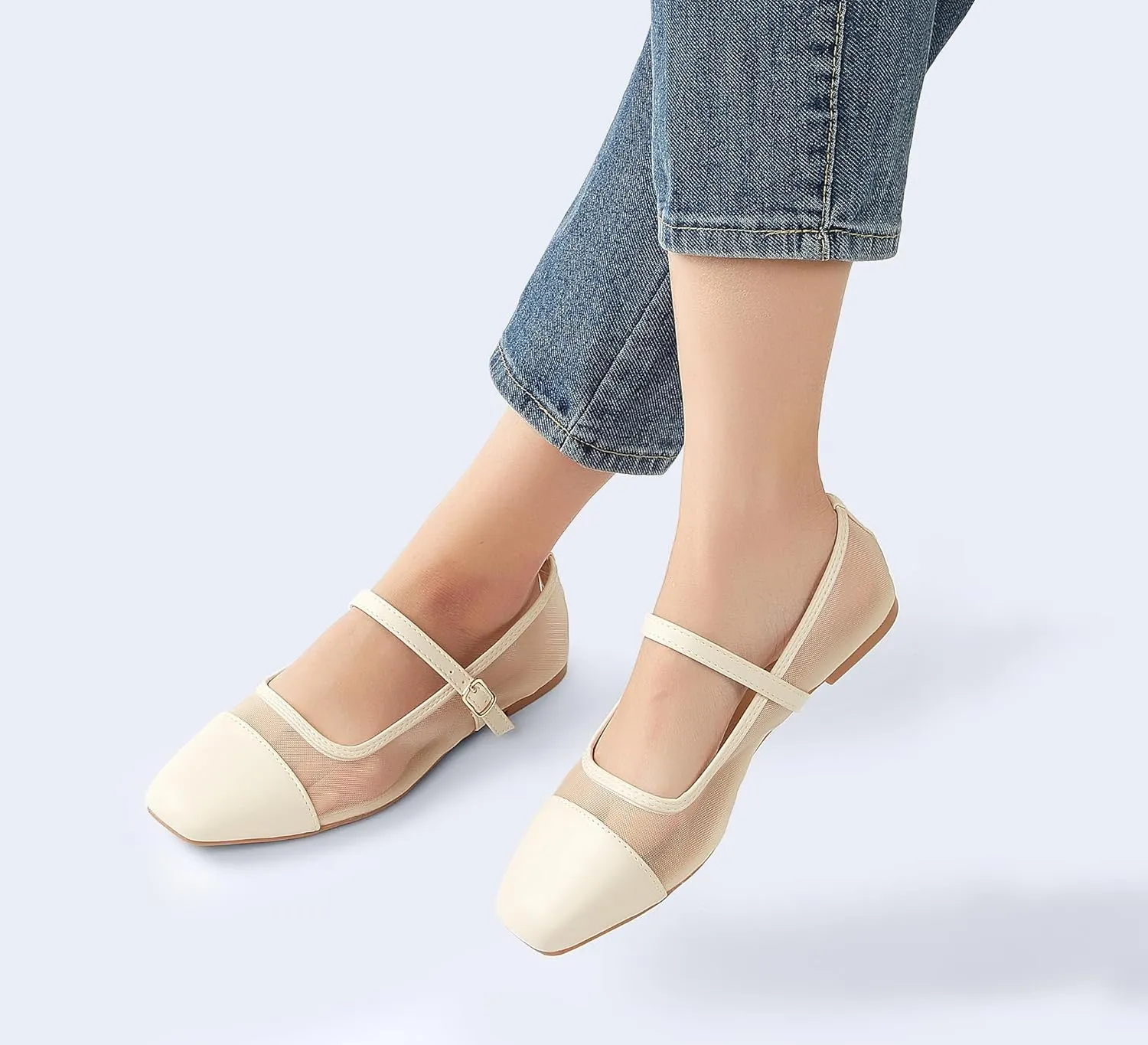 LUCKY STEP Women's Mesh Buckle Flats Mary Jane Square Toe Ballet Dress Adjustable Strap Block Heel Casual Daily Formal Wedding Shoes