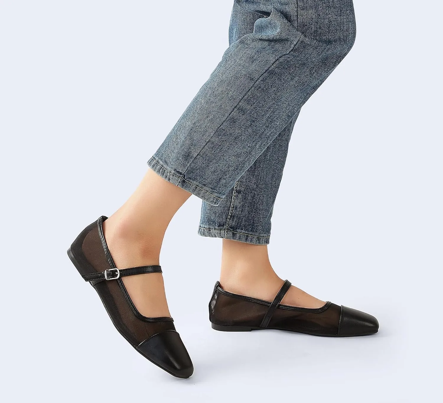 LUCKY STEP Women's Mesh Buckle Flats Mary Jane Square Toe Ballet Dress Adjustable Strap Block Heel Casual Daily Formal Wedding Shoes