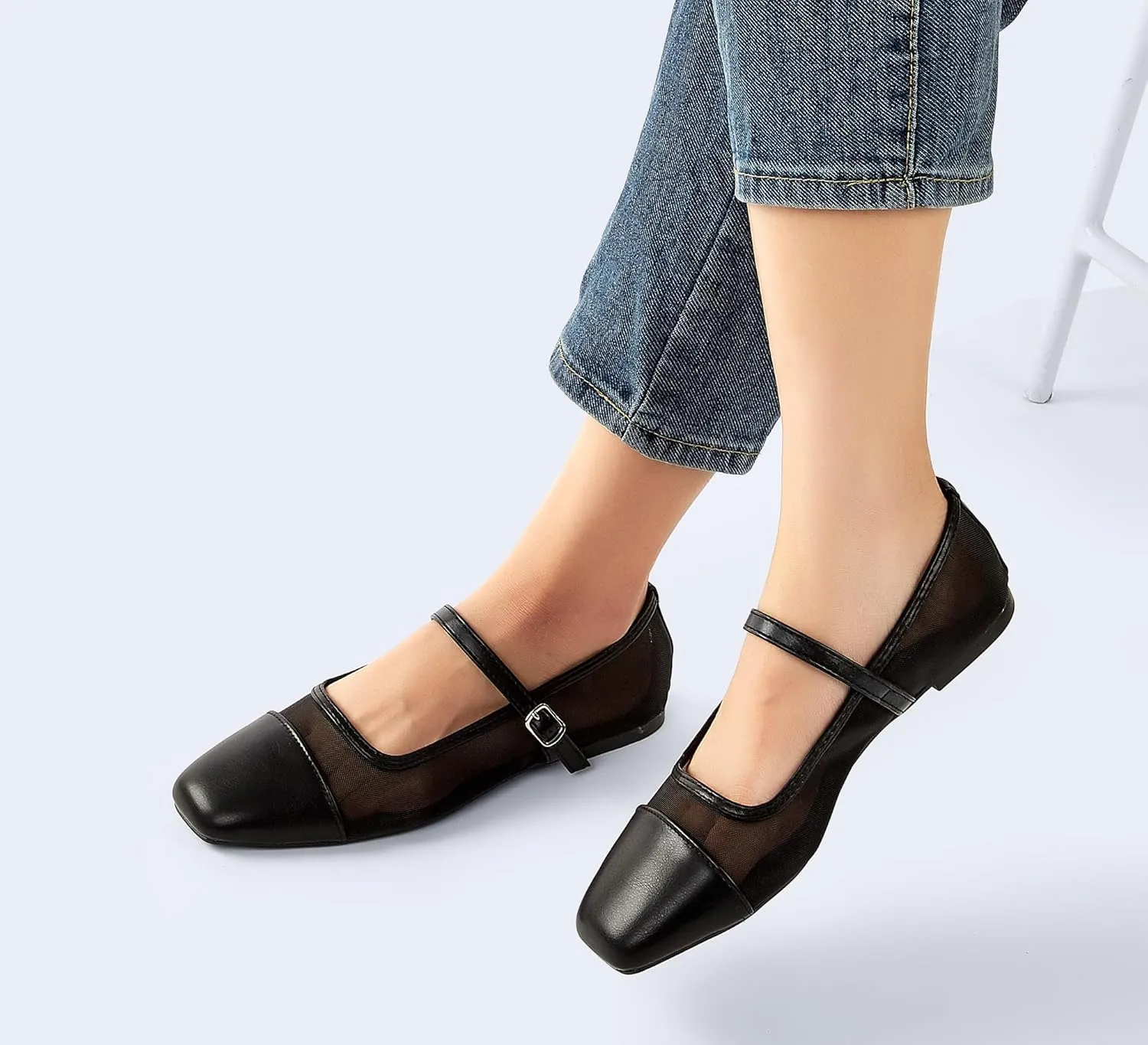 LUCKY STEP Women's Mesh Buckle Flats Mary Jane Square Toe Ballet Dress Adjustable Strap Block Heel Casual Daily Formal Wedding Shoes