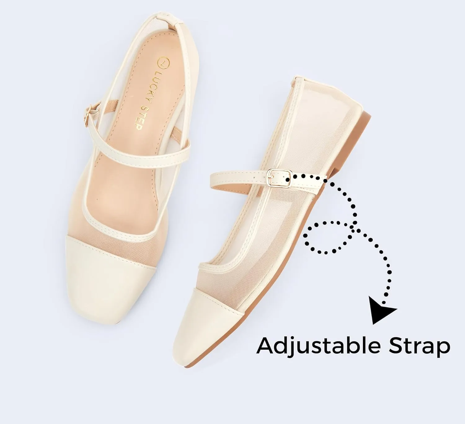 LUCKY STEP Women's Mesh Buckle Flats Mary Jane Square Toe Ballet Dress Adjustable Strap Block Heel Casual Daily Formal Wedding Shoes