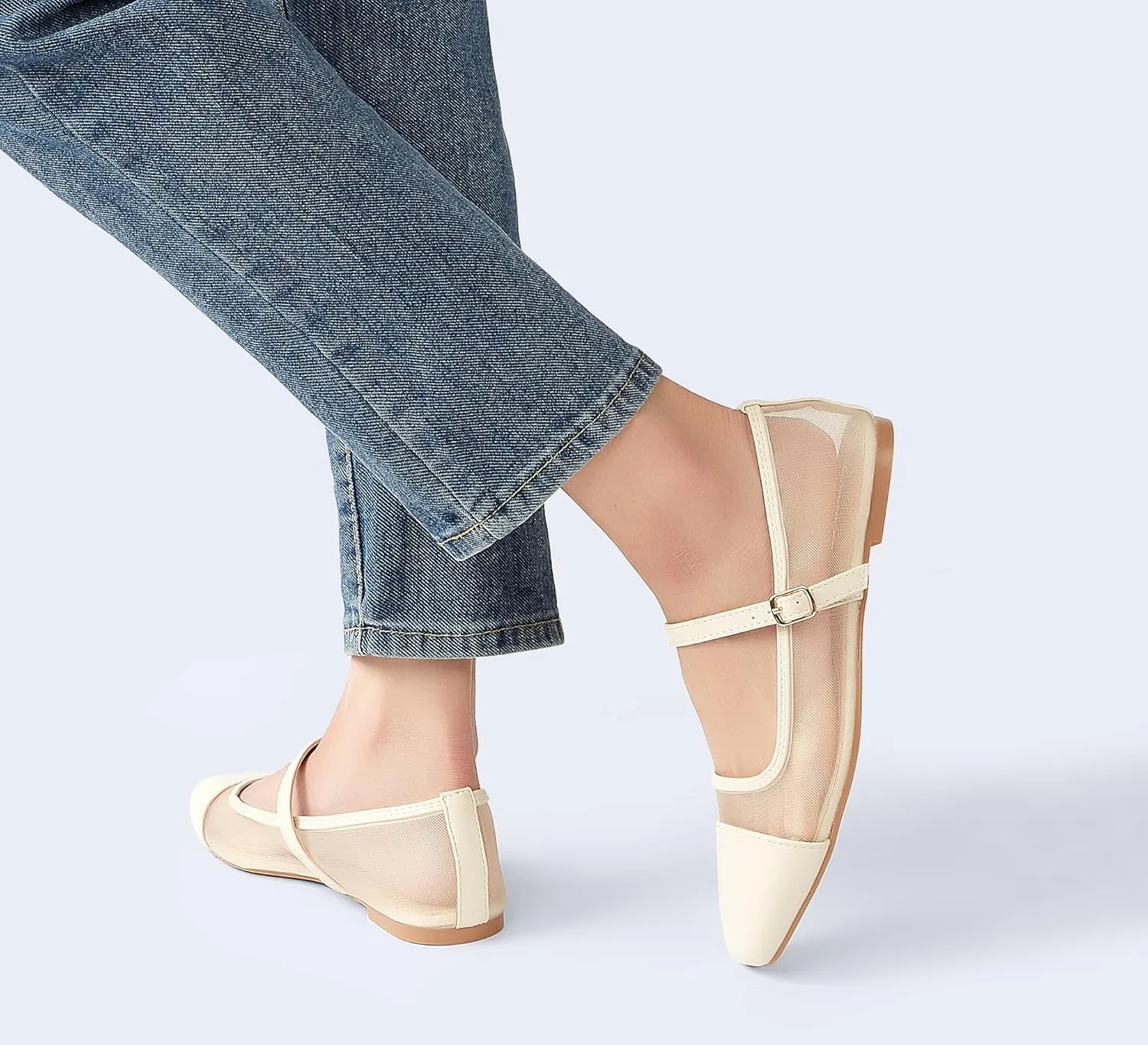 LUCKY STEP Women's Mesh Buckle Flats Mary Jane Square Toe Ballet Dress Adjustable Strap Block Heel Casual Daily Formal Wedding Shoes