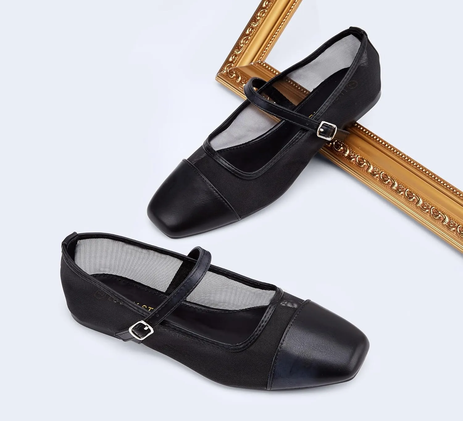 LUCKY STEP Women's Mesh Buckle Flats Mary Jane Square Toe Ballet Dress Adjustable Strap Block Heel Casual Daily Formal Wedding Shoes