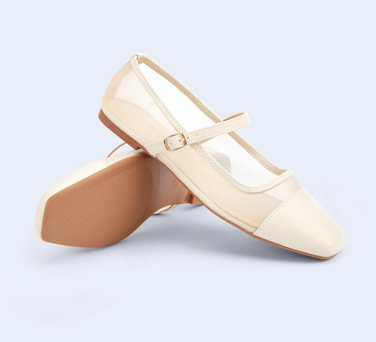 LUCKY STEP Women's Mesh Buckle Flats Mary Jane Square Toe Ballet Dress Adjustable Strap Block Heel Casual Daily Formal Wedding Shoes