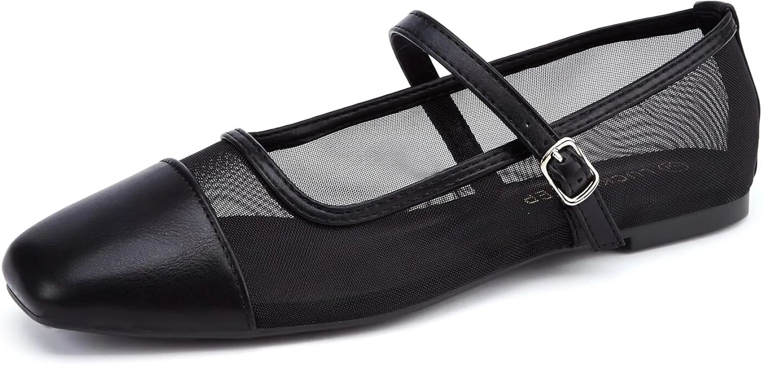 LUCKY STEP Women's Mesh Buckle Flats Mary Jane Square Toe Ballet Dress Adjustable Strap Block Heel Casual Daily Formal Wedding Shoes