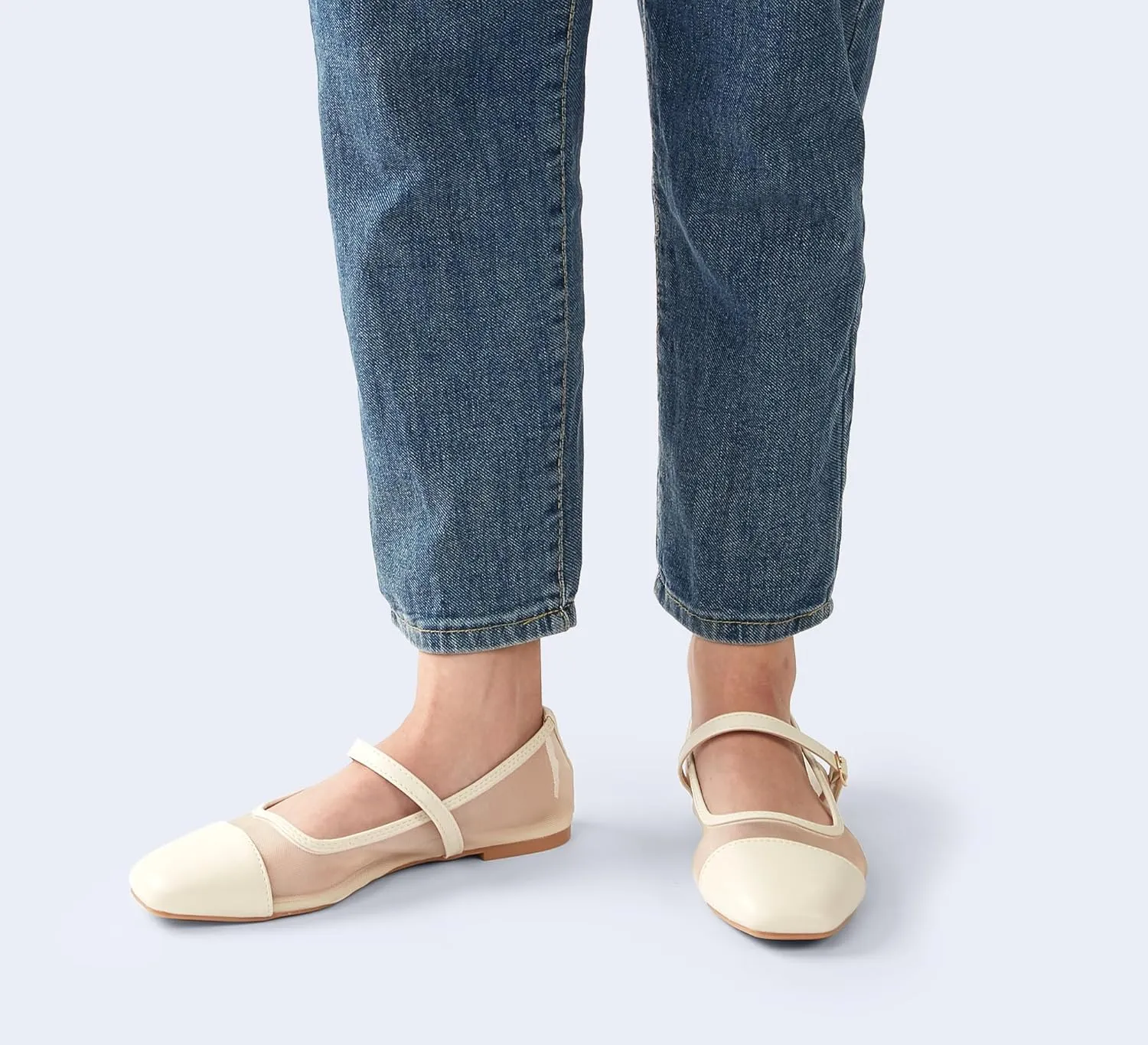 LUCKY STEP Women's Mesh Buckle Flats Mary Jane Square Toe Ballet Dress Adjustable Strap Block Heel Casual Daily Formal Wedding Shoes