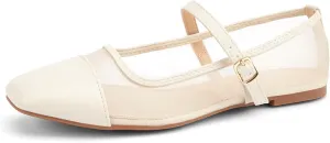 LUCKY STEP Women's Mesh Buckle Flats Mary Jane Square Toe Ballet Dress Adjustable Strap Block Heel Casual Daily Formal Wedding Shoes