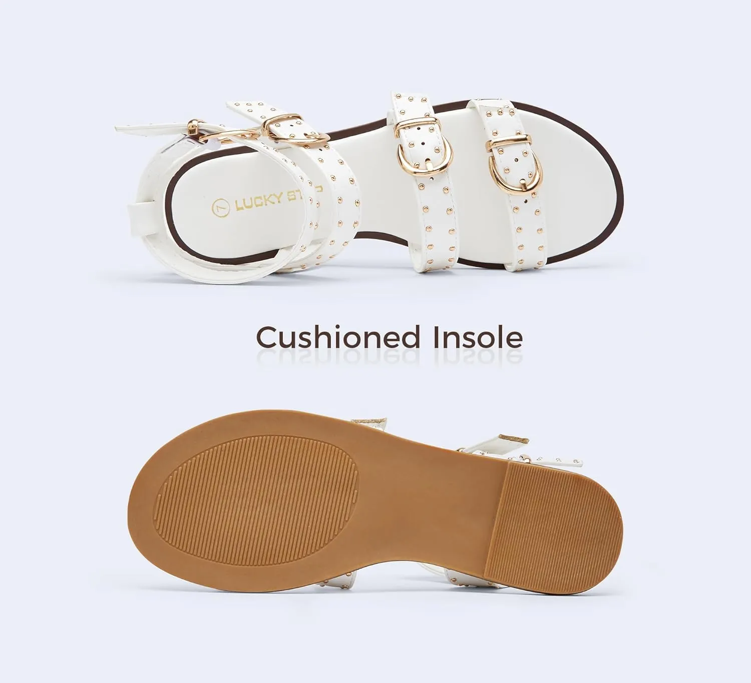 LUCKY STEP Women's Rhinestone Buckle Flat Sandals Open Toe Gladiator Casual Shoes Ankle Strap Summer Fisherman Sandal
