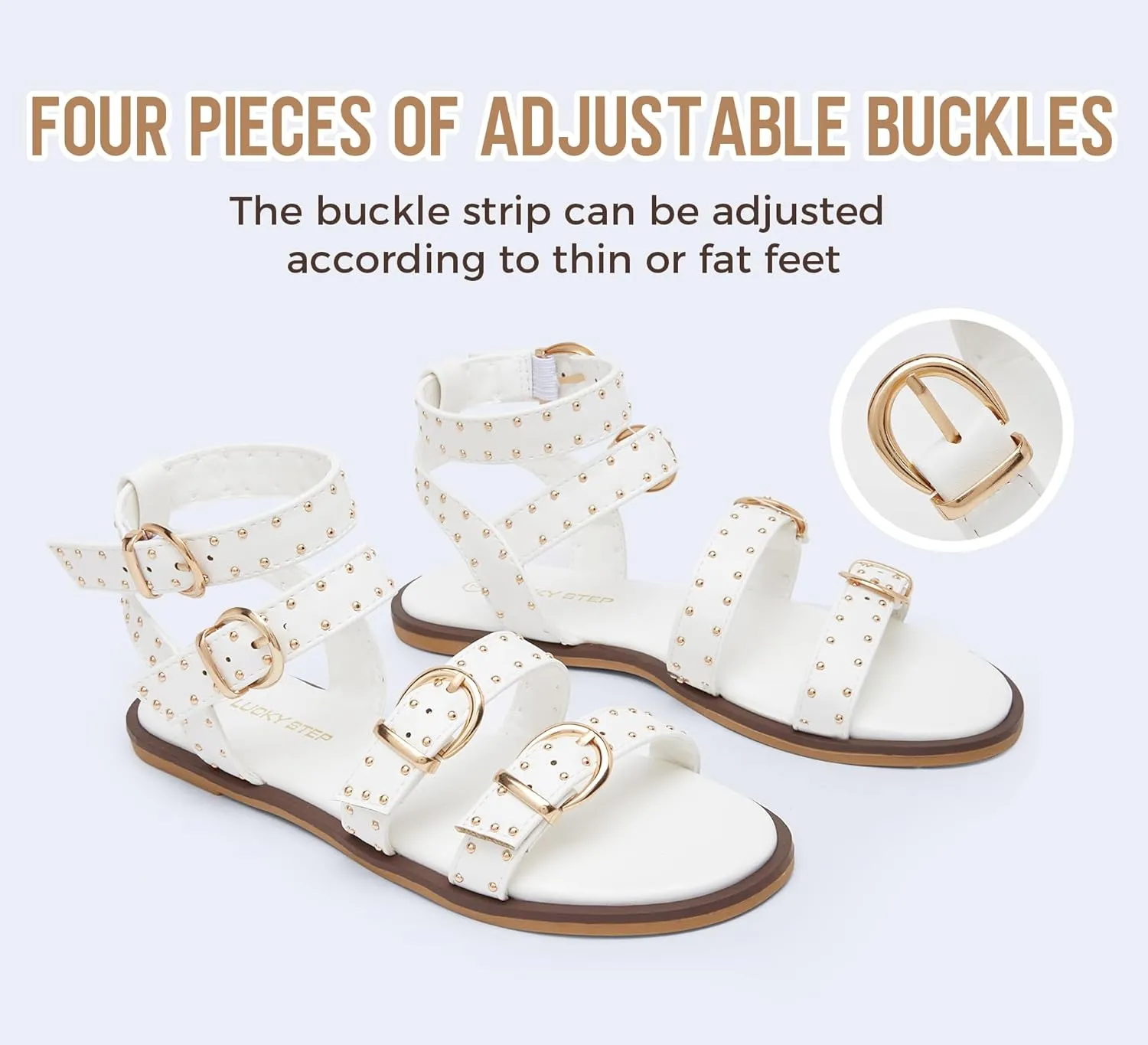 LUCKY STEP Women's Rhinestone Buckle Flat Sandals Open Toe Gladiator Casual Shoes Ankle Strap Summer Fisherman Sandal