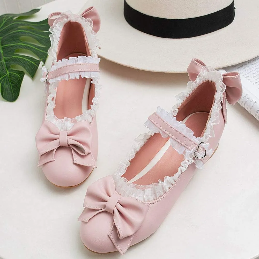 LUXMAX Women Mary Jane Shoes Rockabilly Flats Lace Pumps with Bow
