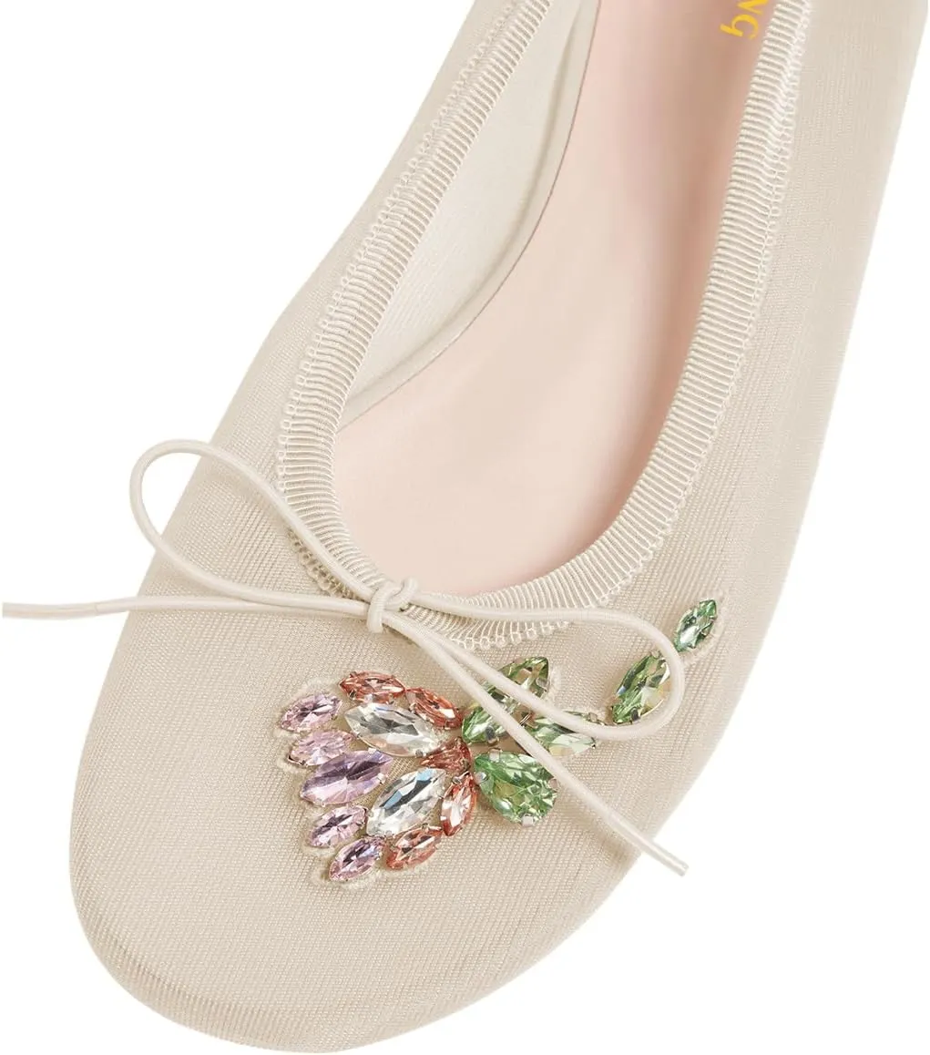 Maiyang Women Classic Floral Rhinestone Round Toe Slip on Ballet Flats Comfortable Breathable Ballroom Daily Casual Shoes Size 4-16 US