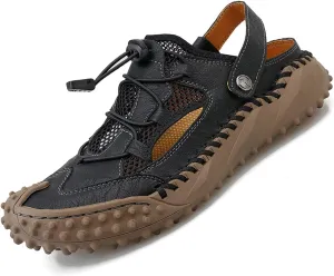MAIZUN Men's Closed Toe Leather Sandals Adjustable Slip-on Fisherman Hiking Shoes Casual Outdoors Lightweight Walking Summer Beach Mule Sandals Size 7-11
