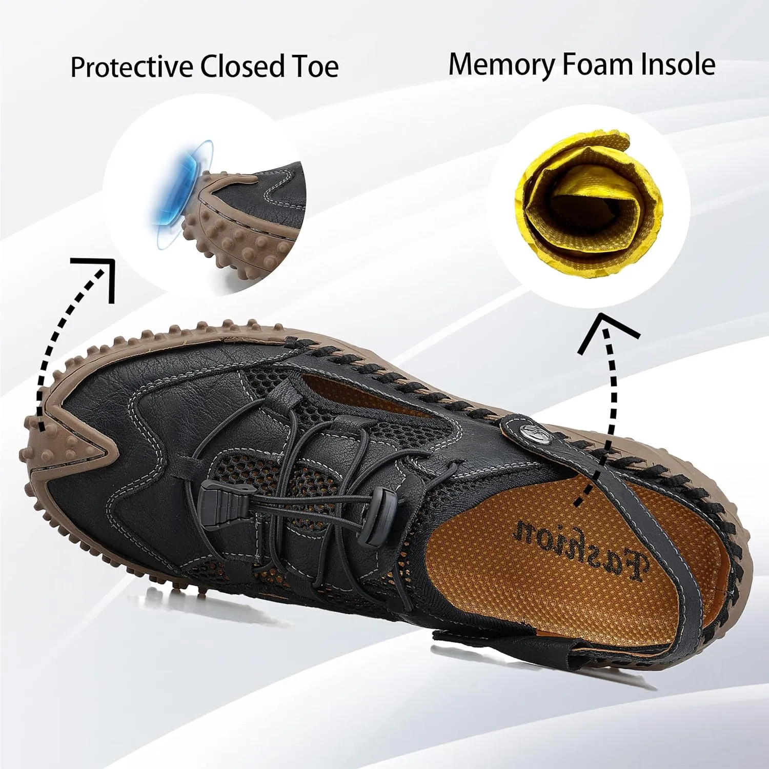 MAIZUN Men's Closed Toe Leather Sandals Adjustable Slip-on Fisherman Hiking Shoes Casual Outdoors Lightweight Walking Summer Beach Mule Sandals Size 7-11