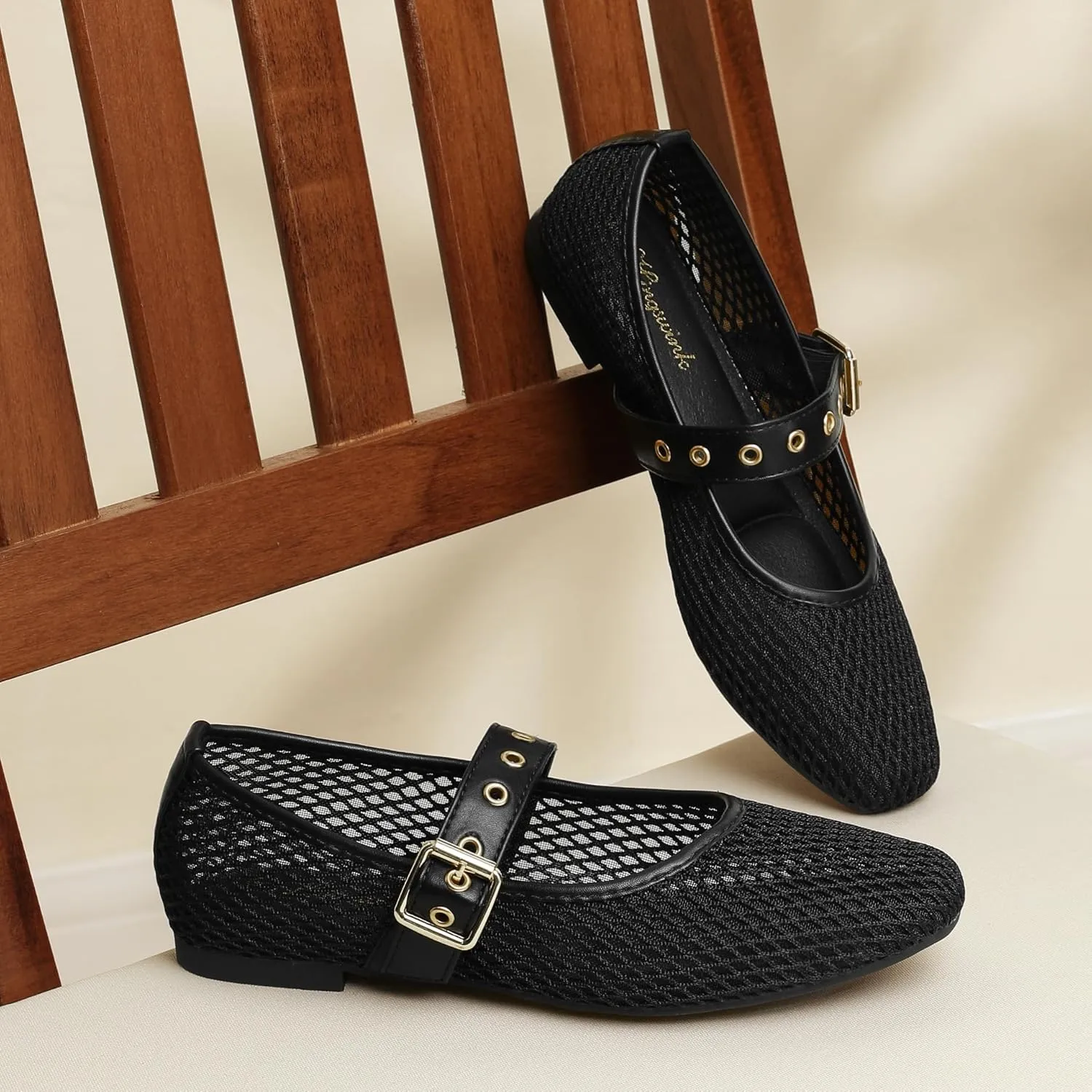 Mary Jane Shoes Women Fishnet Mesh Ballet Flats with Strap Buckle Closed Toe MaryJanes Shoes Ballerina Flats for Women Dressy Comfortable
