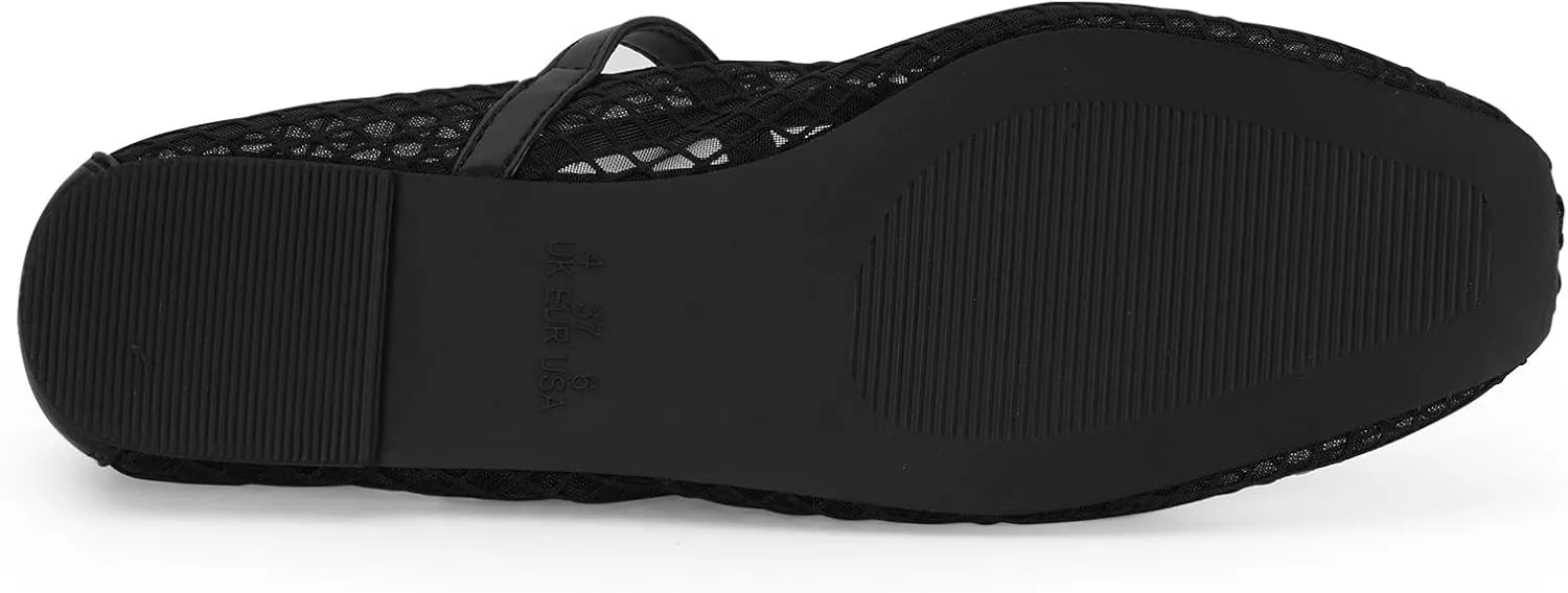 mazeskin Womens Mesh Memory Foam Ballet Flats Square Toe Shoes Ladies Comfortable Buckle Strap Ballerina Shoes with Rhinestone