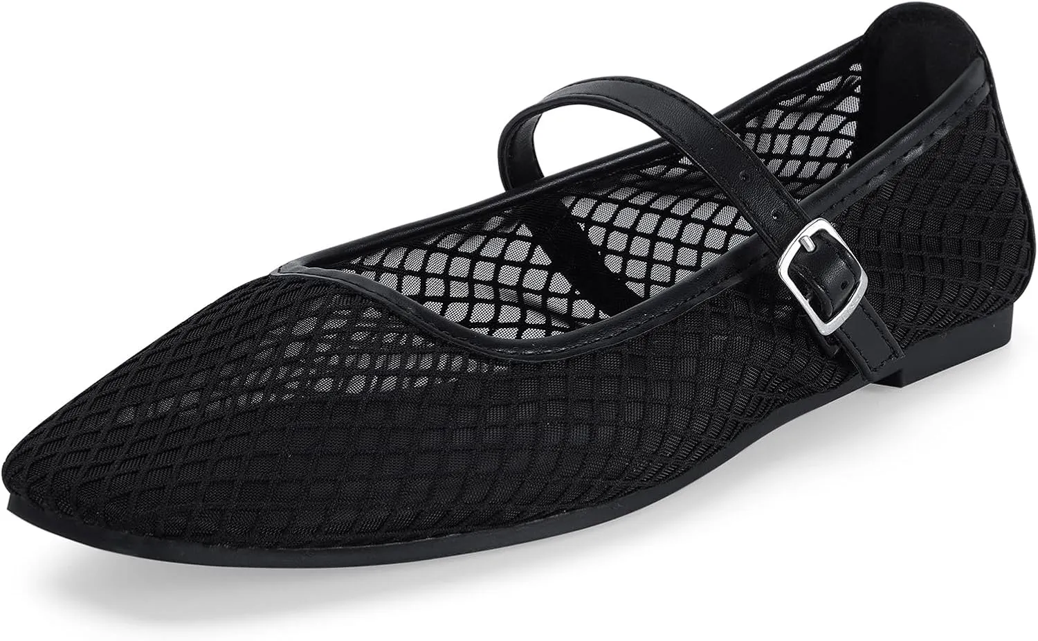 mazeskin Womens Mesh Memory Foam Ballet Flats Square Toe Shoes Ladies Comfortable Buckle Strap Ballerina Shoes with Rhinestone