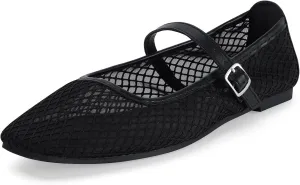 mazeskin Womens Mesh Memory Foam Ballet Flats Square Toe Shoes Ladies Comfortable Buckle Strap Ballerina Shoes with Rhinestone