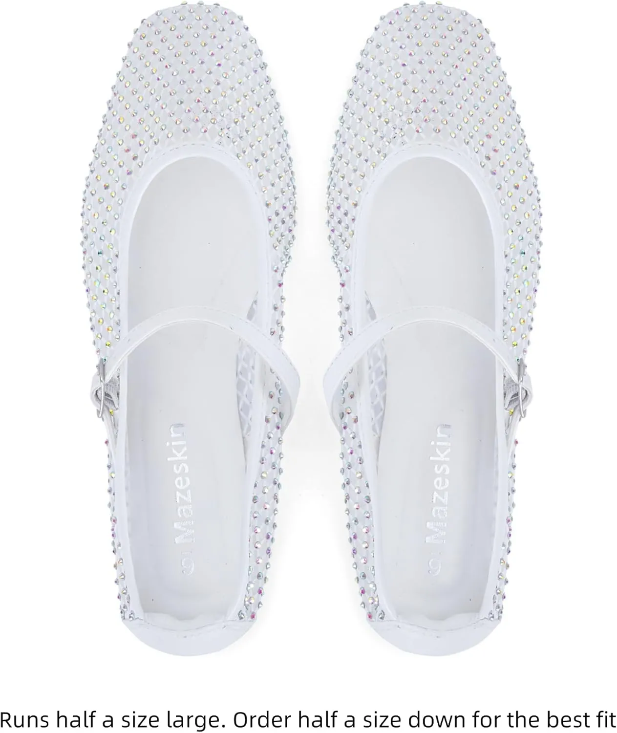 mazeskin Womens Mesh Memory Foam Ballet Flats Square Toe Shoes Ladies Comfortable Buckle Strap Ballerina Shoes with Rhinestone