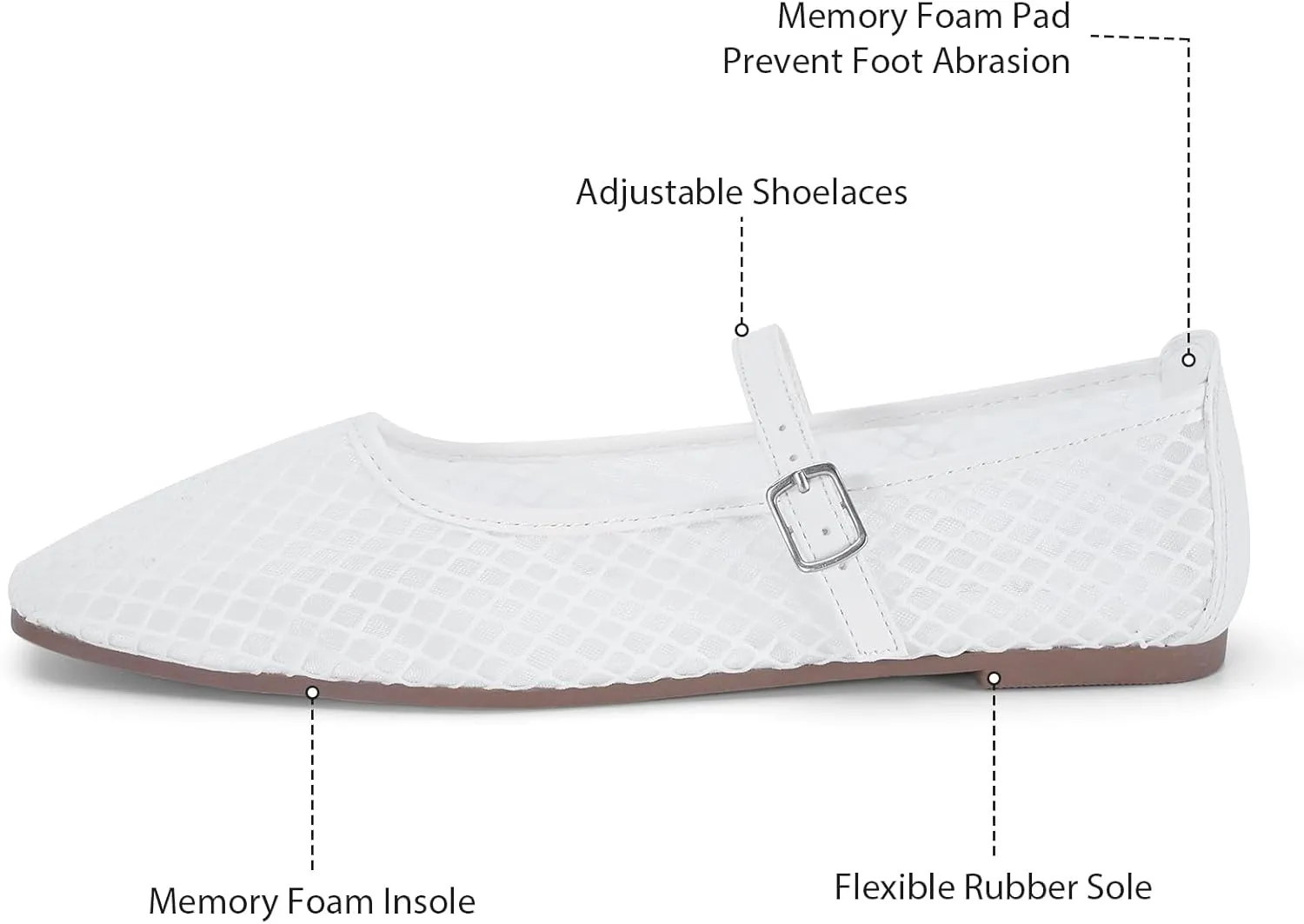 mazeskin Womens Mesh Memory Foam Ballet Flats Square Toe Shoes Ladies Comfortable Buckle Strap Ballerina Shoes with Rhinestone