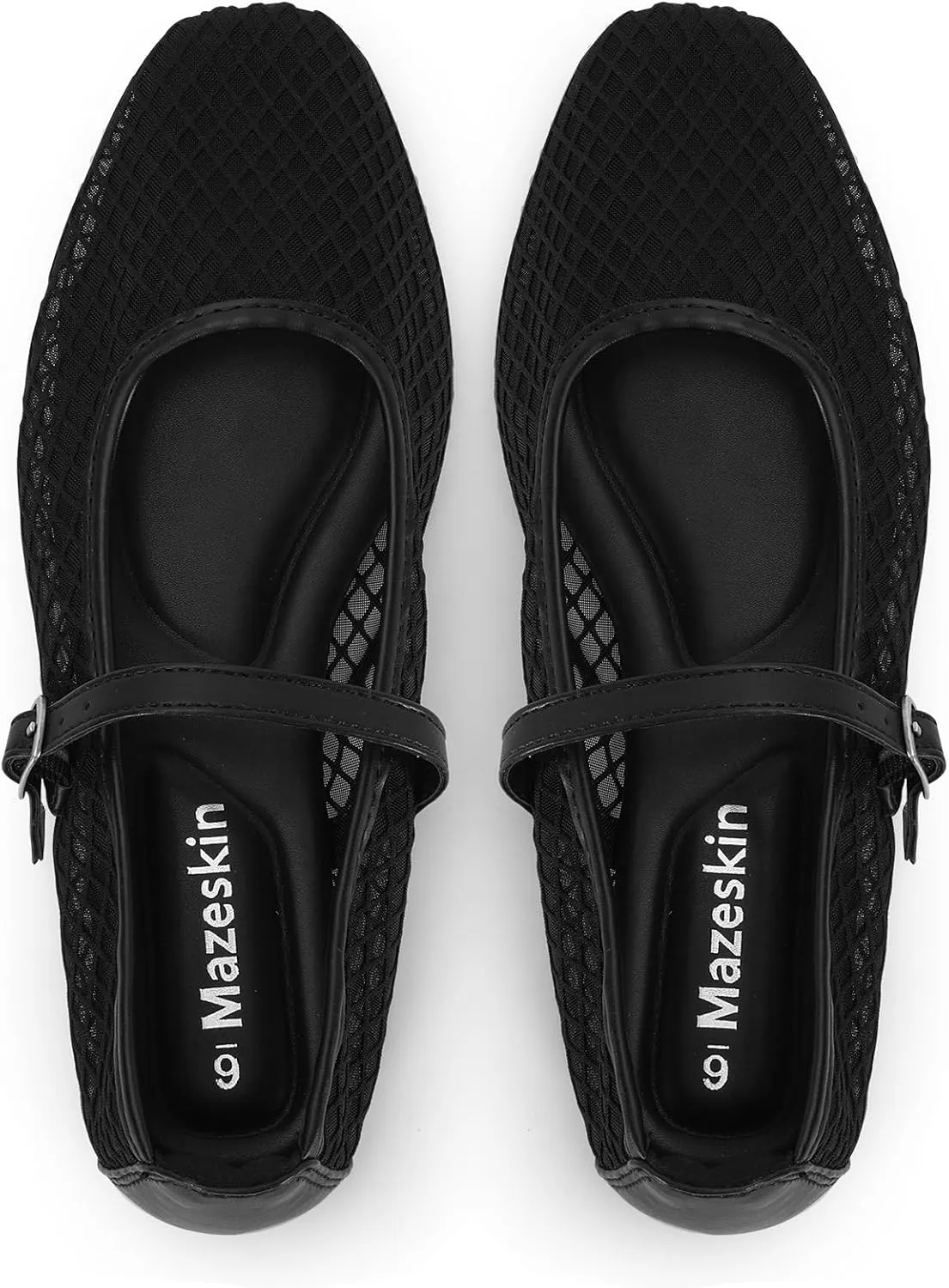 mazeskin Womens Mesh Memory Foam Ballet Flats Square Toe Shoes Ladies Comfortable Buckle Strap Ballerina Shoes with Rhinestone